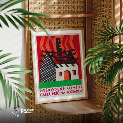 Burning House - vintage matchbox label print - office wall