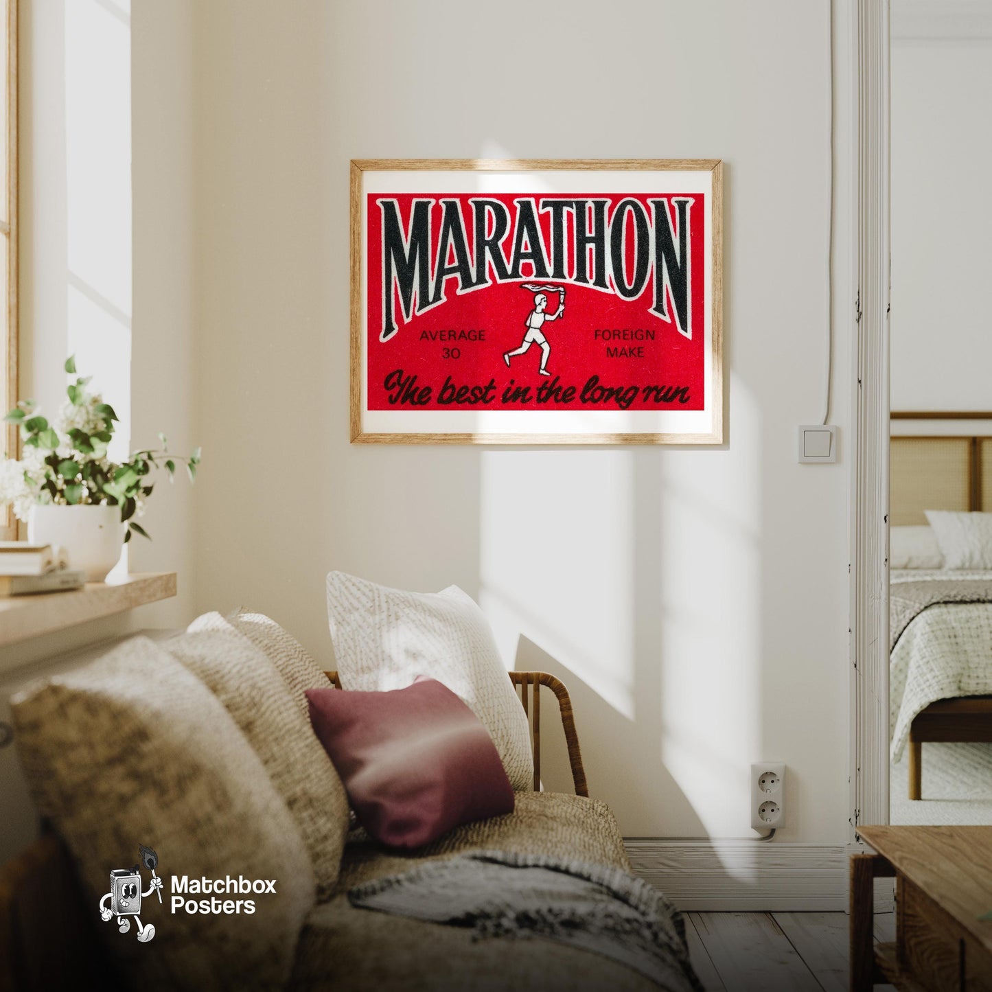 Marathon Runner - vintage matchbox label print - living room mockup