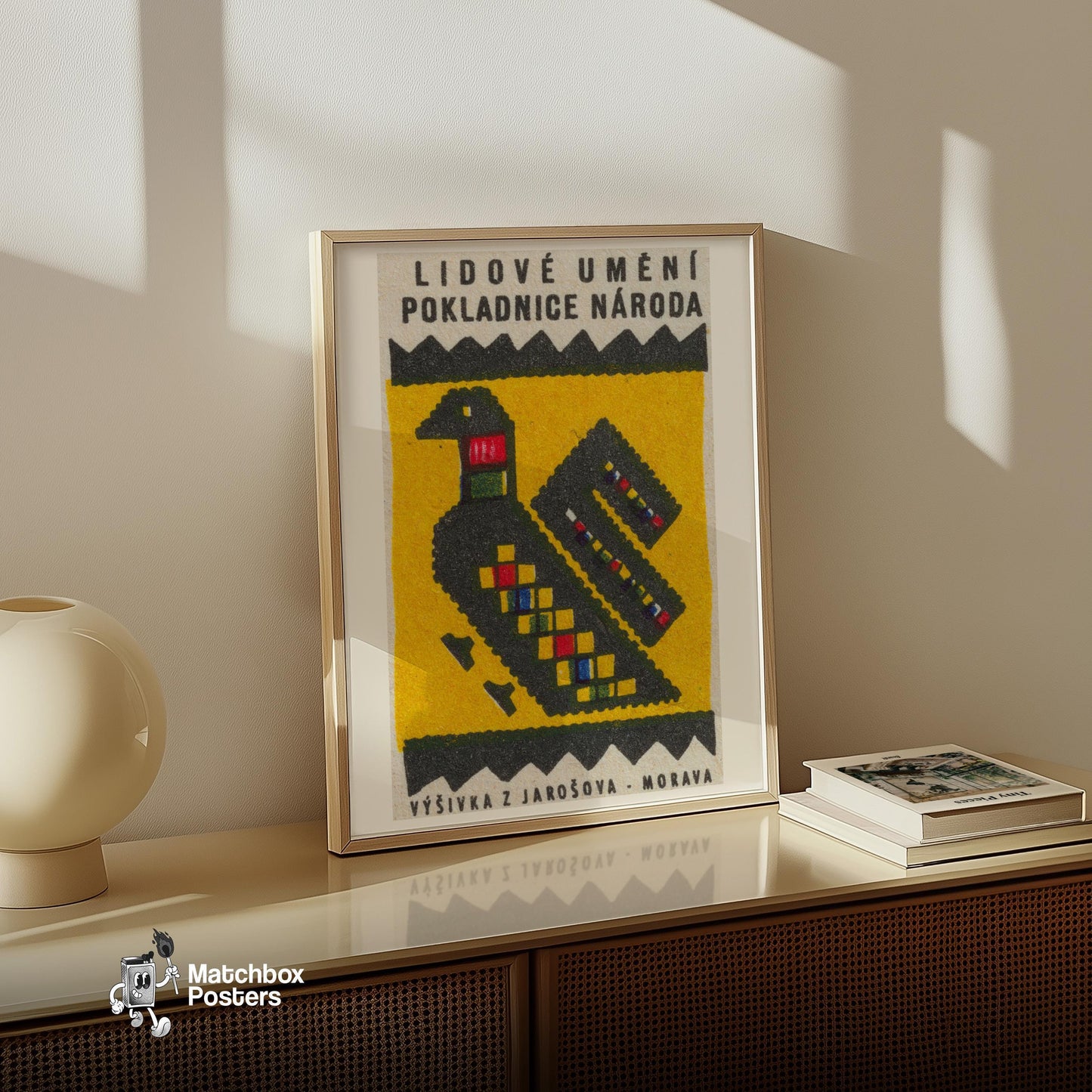 Geometric Pattern Resembling A Bird - vintage matchbox label print - size comparison
