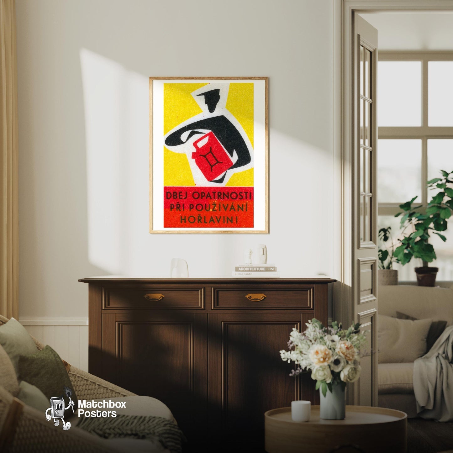 Red Jerry Can - vintage matchbox label print - living room mockup
