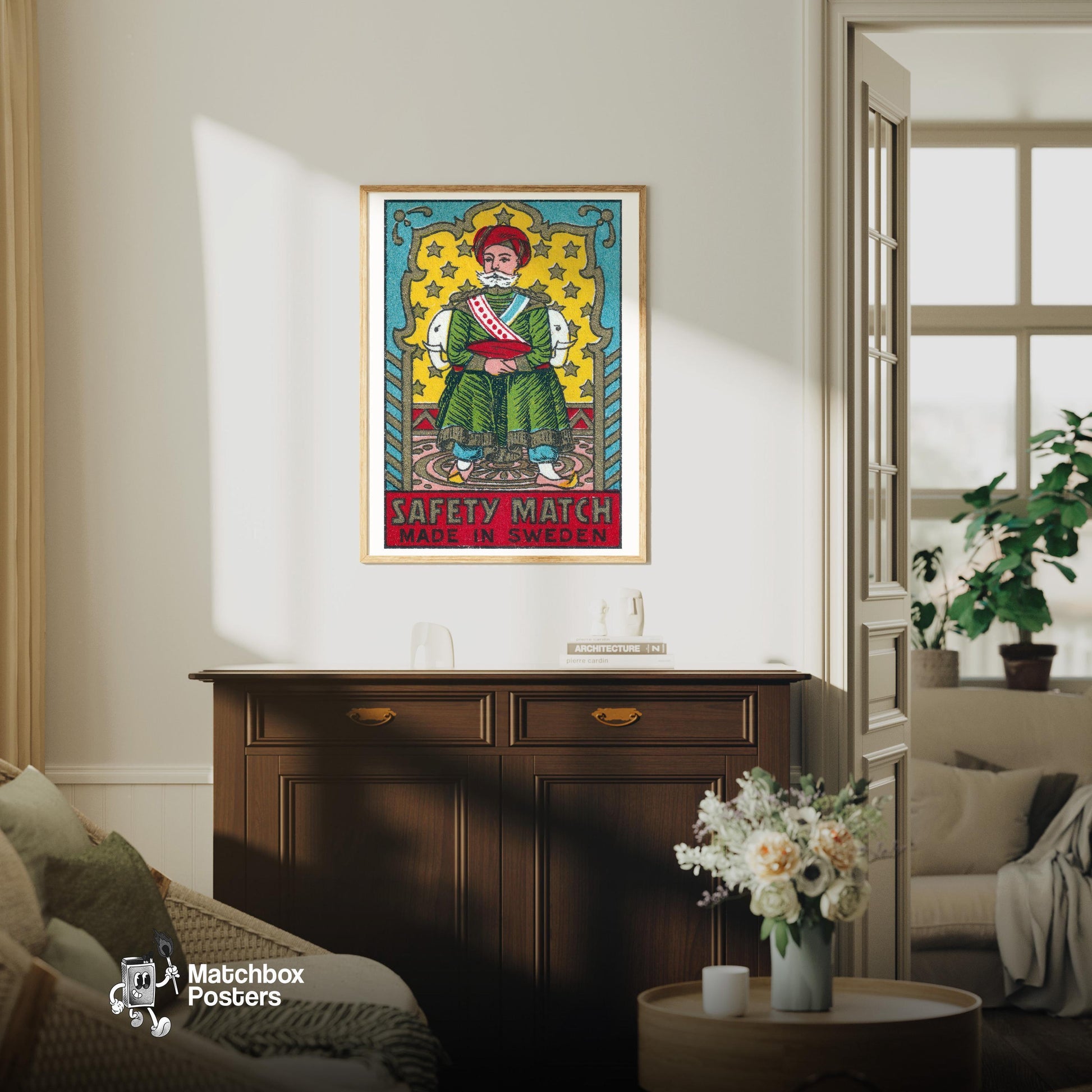 Maharaja with Elephants - vintage matchbox label print - living room mockup