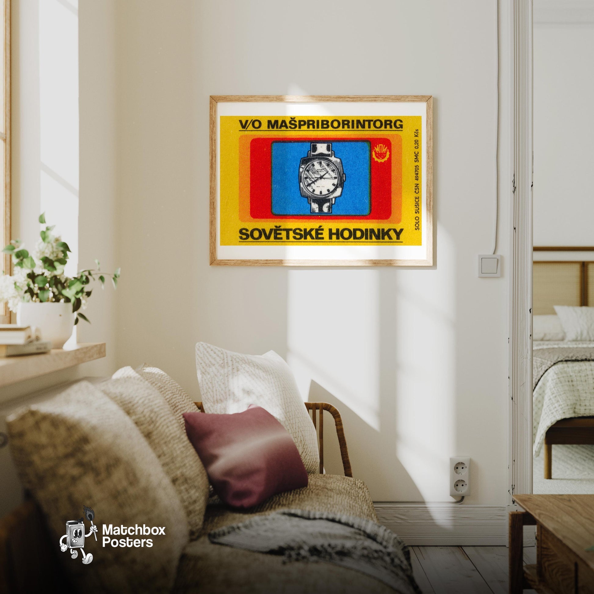 Illustration Of A Wristwatch - vintage matchbox label print - living room mockup