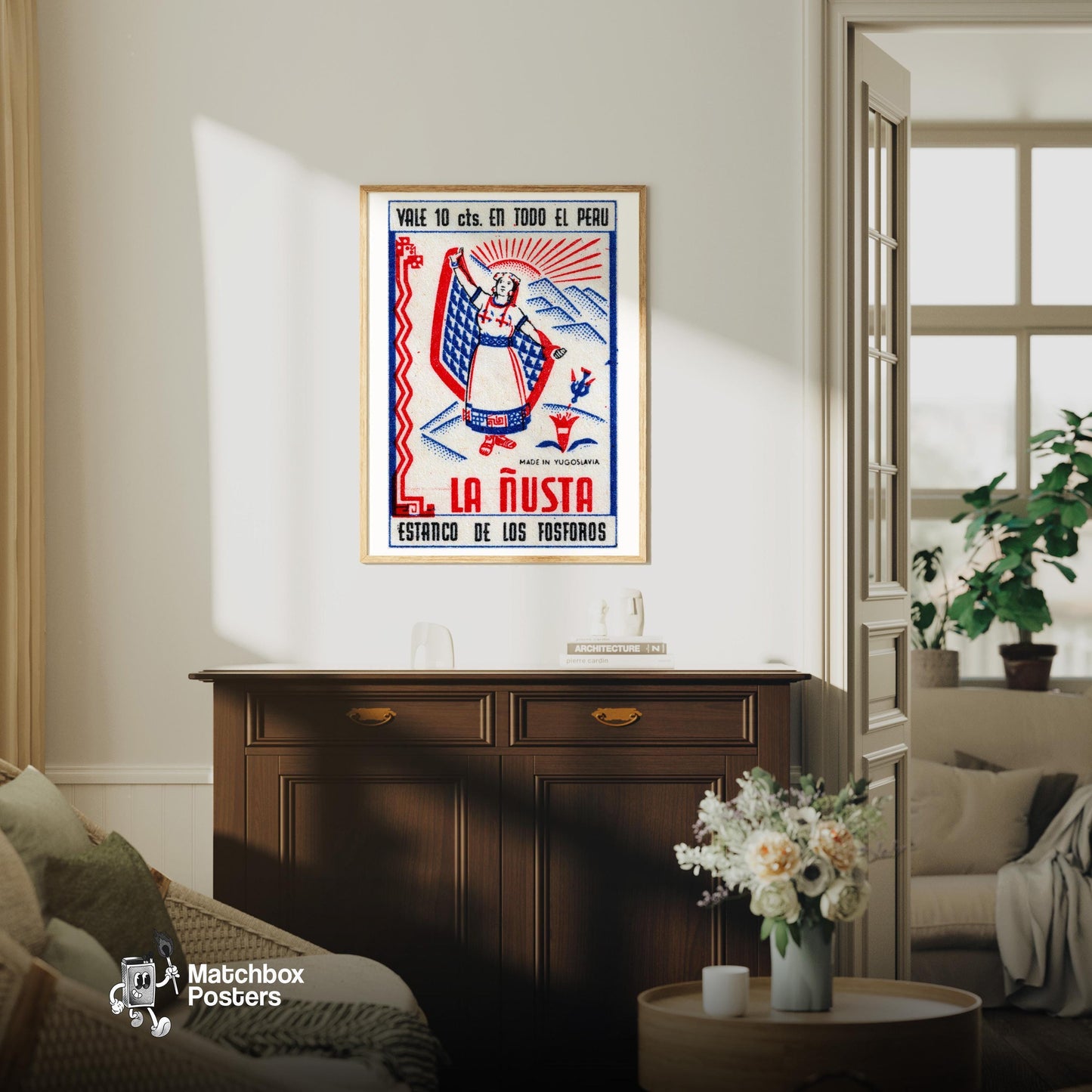Aztec Woman - vintage matchbox label print - living room mockup