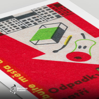 Trash Can - vintage matchbox label print - close-up detail