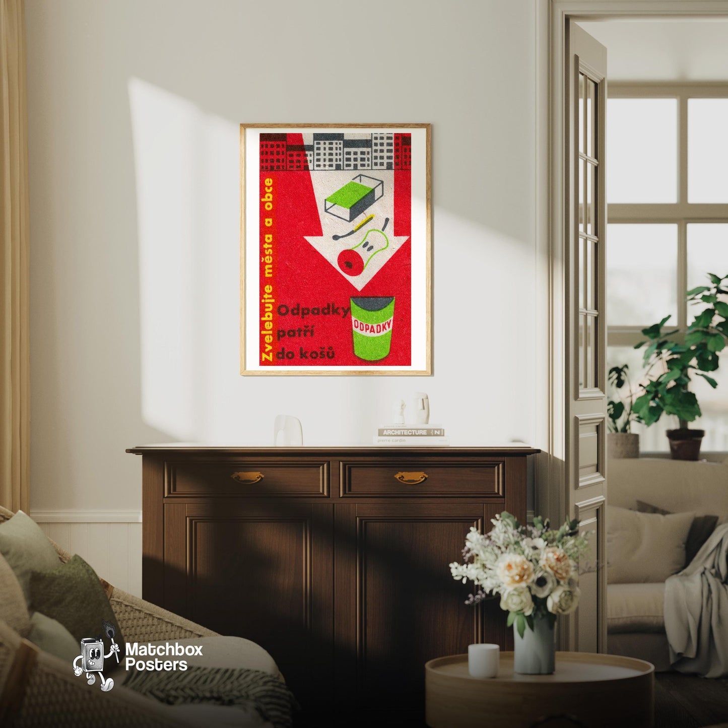 Trash Can - vintage matchbox label print - living room mockup