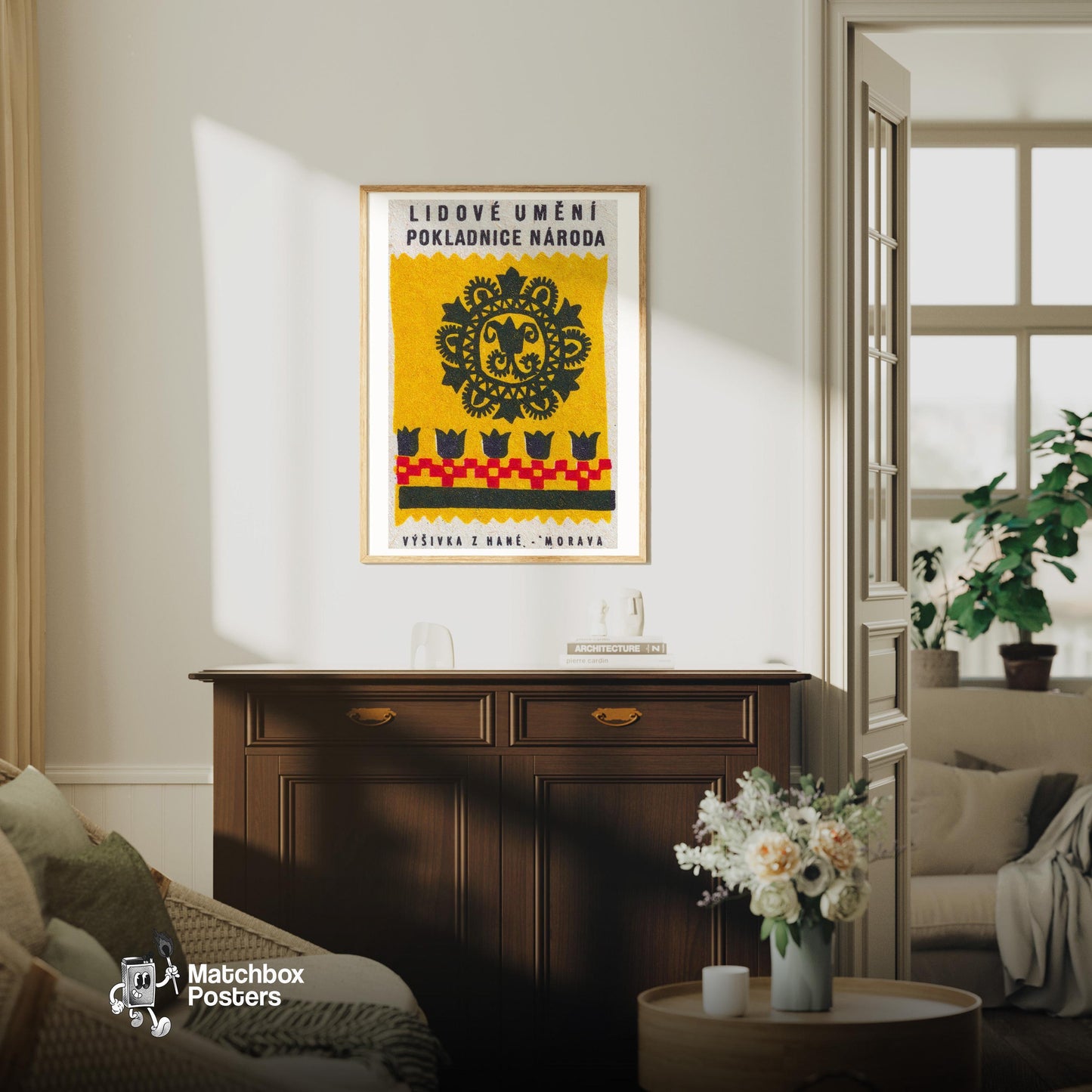 Czech Folk Art Pattern - vintage matchbox label print - living room mockup
