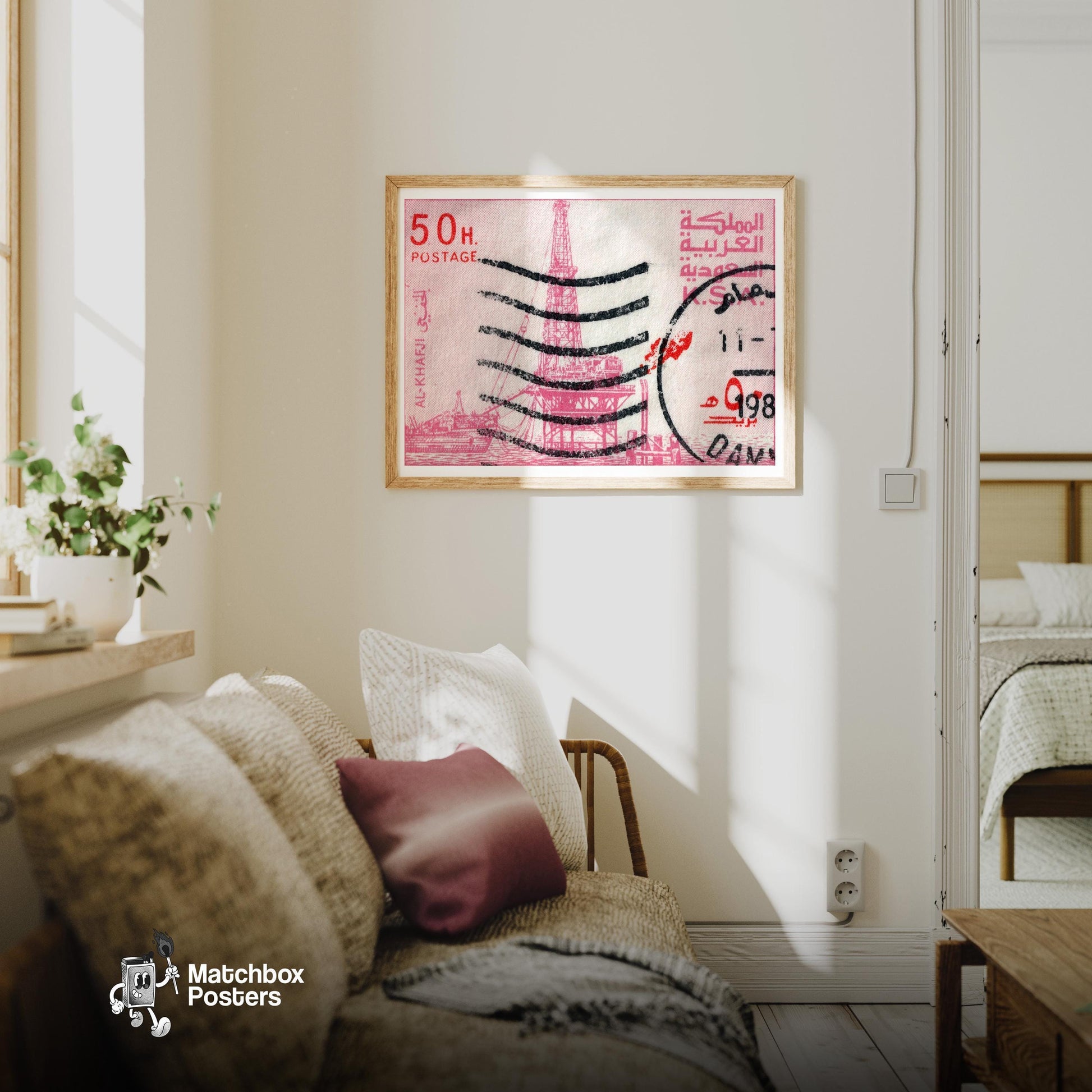 Oil Rig - vintage matchbox label print - living room mockup