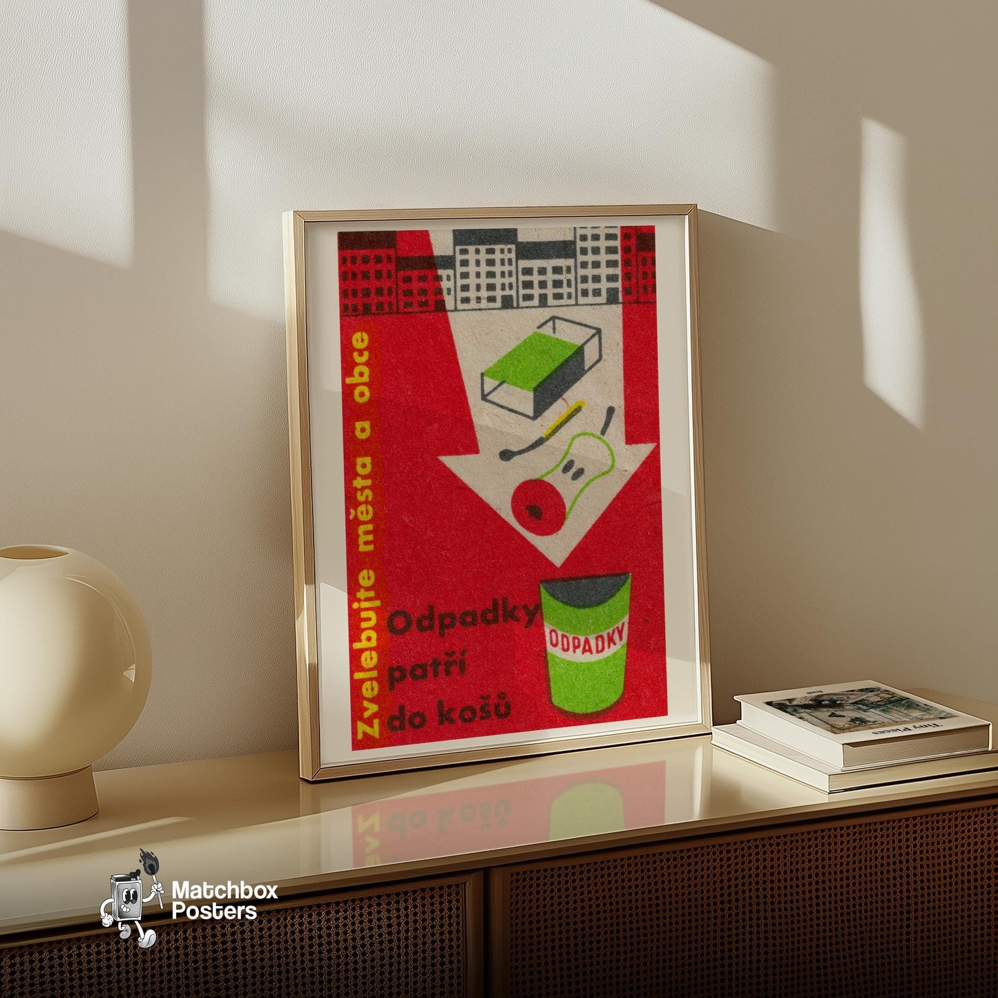 Trash Can - vintage matchbox label print - size comparison