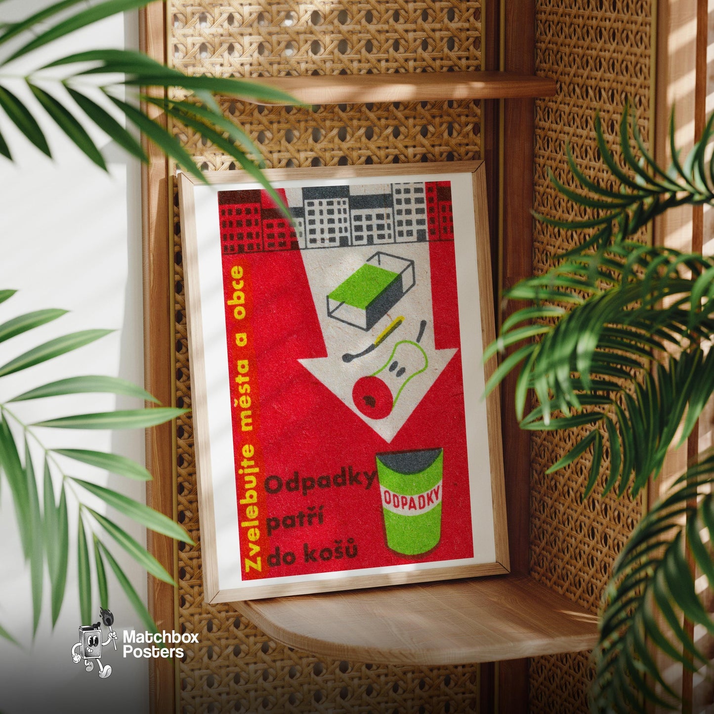 Trash Can - vintage matchbox label print - office wall