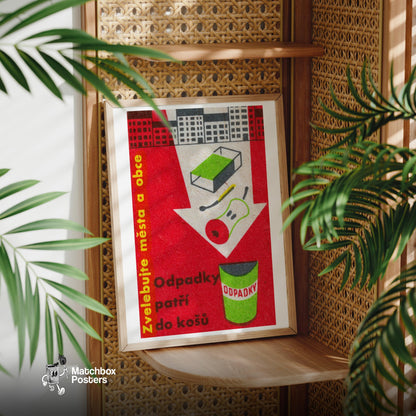 Trash Can - vintage matchbox label print - office wall