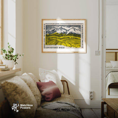 Yellow Valley - vintage matchbox label print - living room mockup