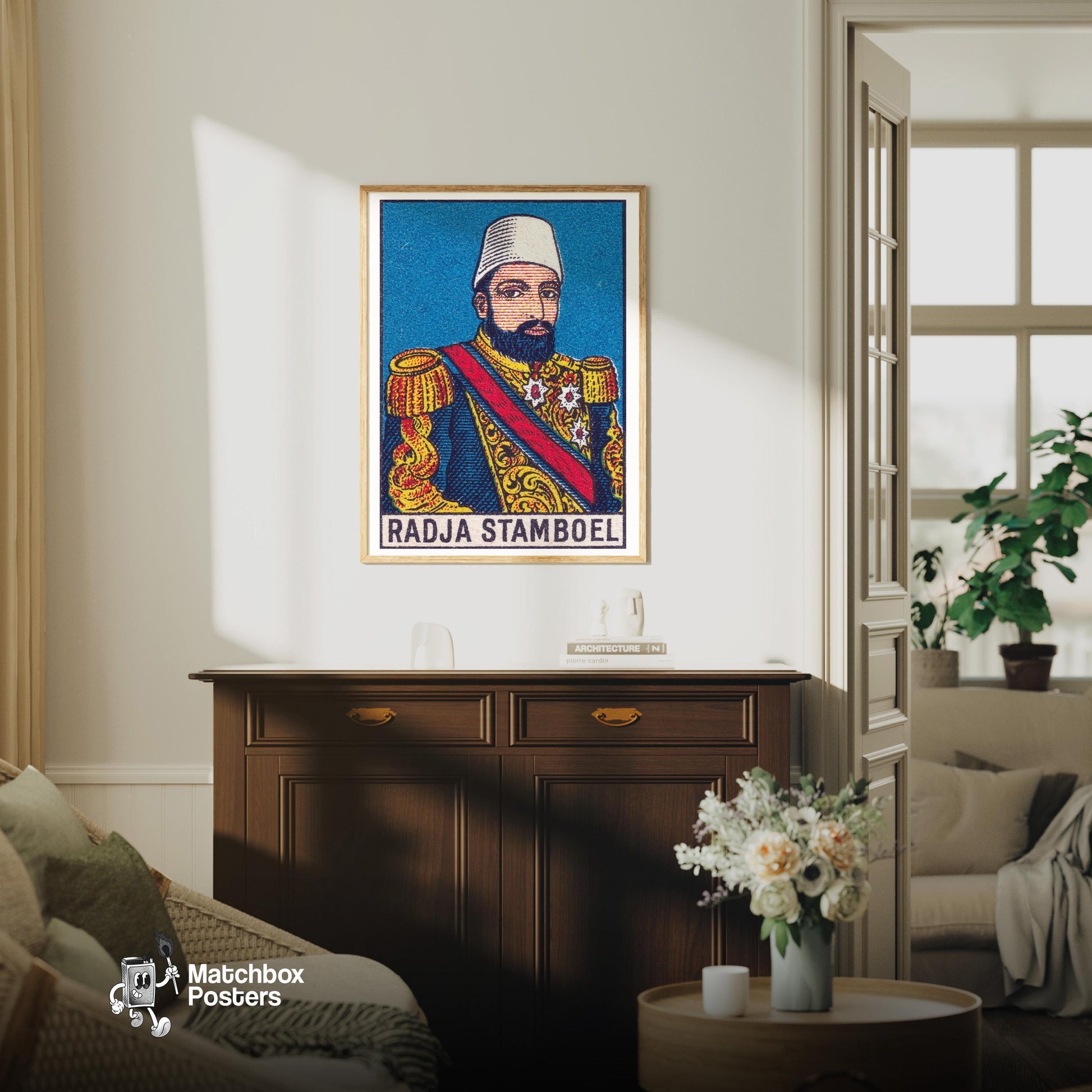 Indonesian Military Man - vintage matchbox label print - living room mockup