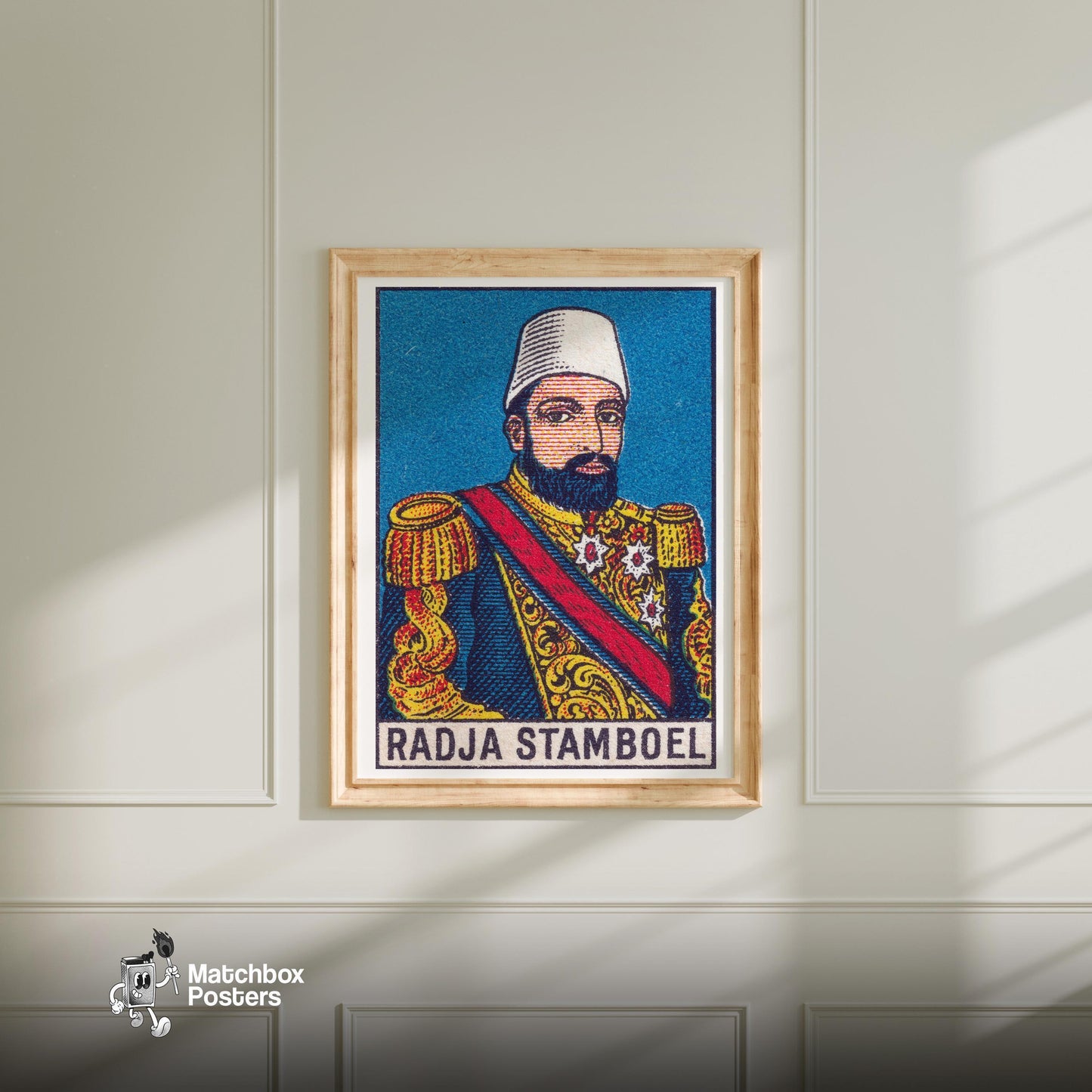 Indonesian Military Man - vintage matchbox label print - bedroom mockup