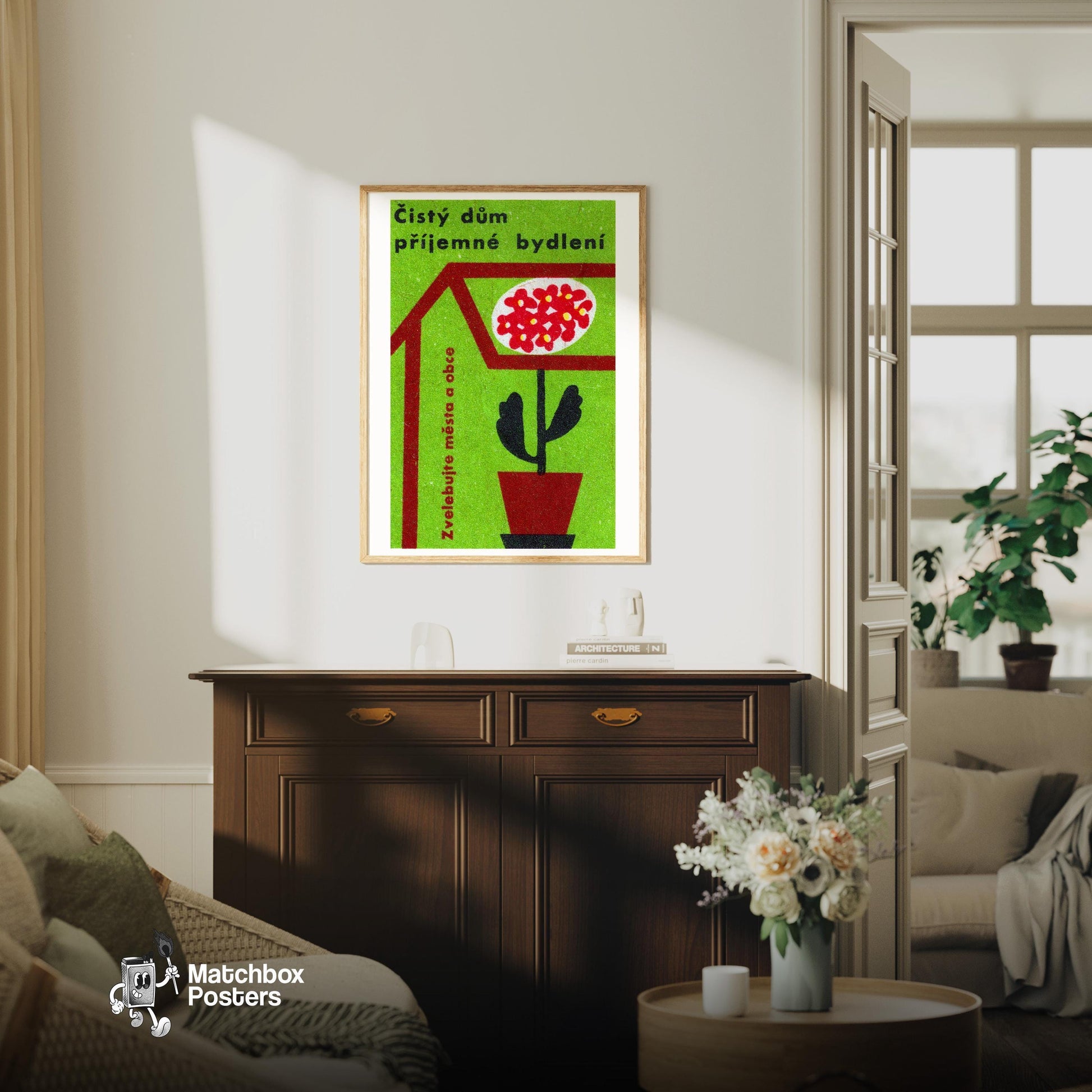 Pleasant Clean House - vintage matchbox label print - living room mockup