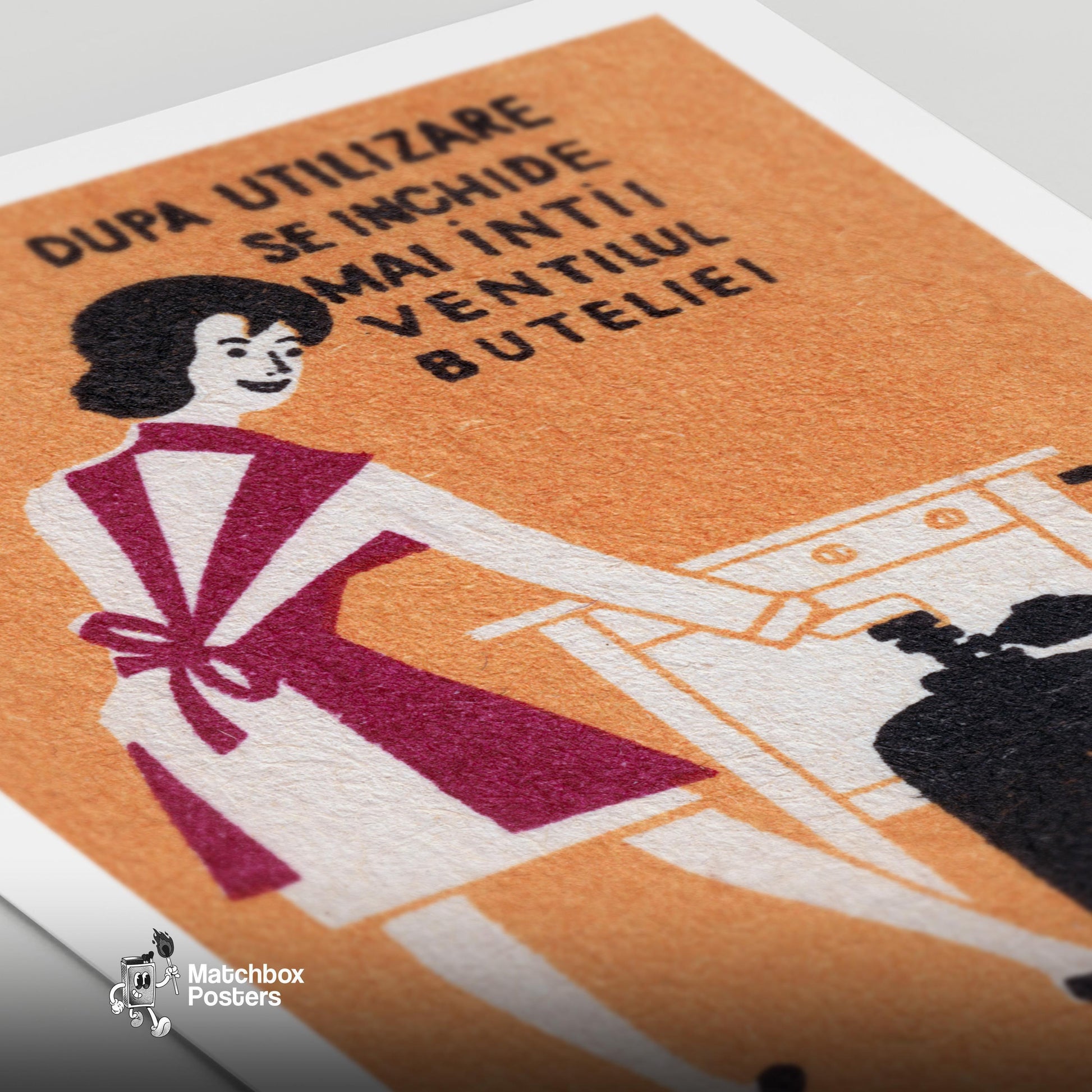 Woman Turning Off Gas - vintage matchbox label print - close-up detail
