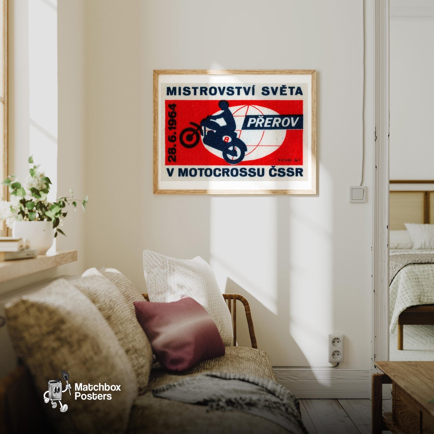 Motorcycle Wheelie - vintage matchbox label print - living room mockup
