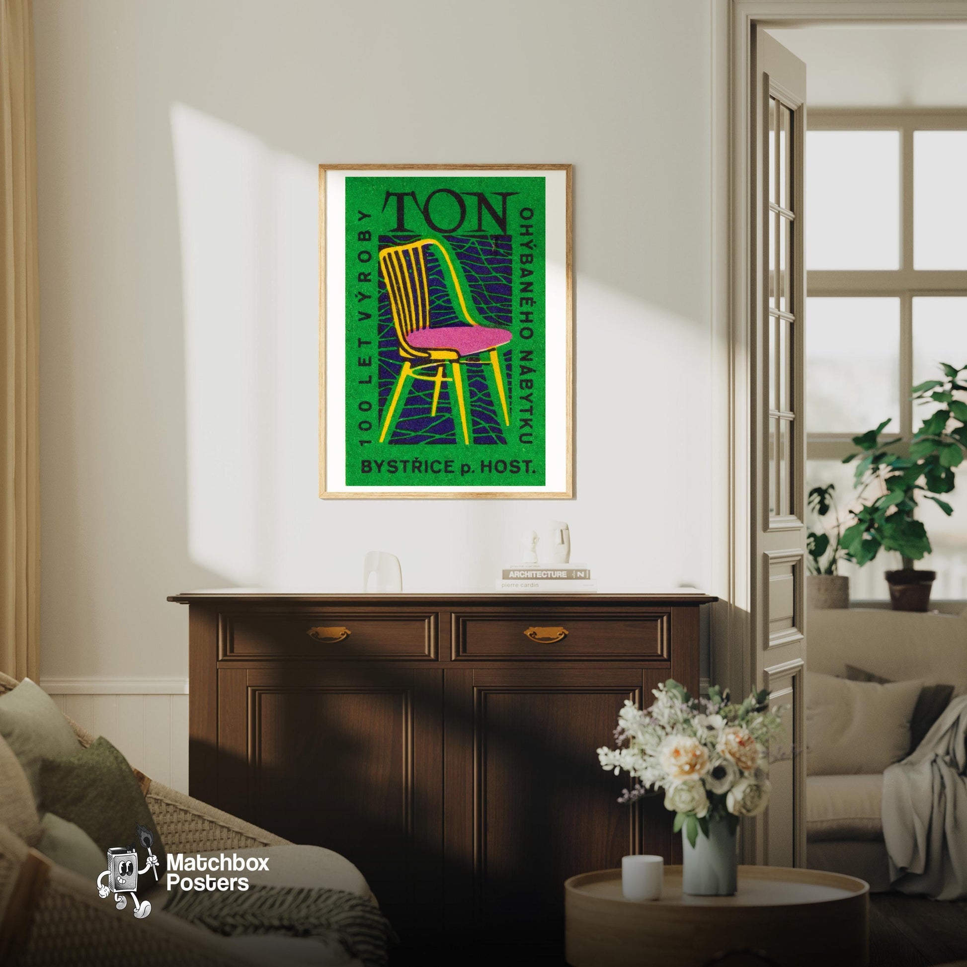 Yellow Chair - vintage matchbox label print - living room mockup