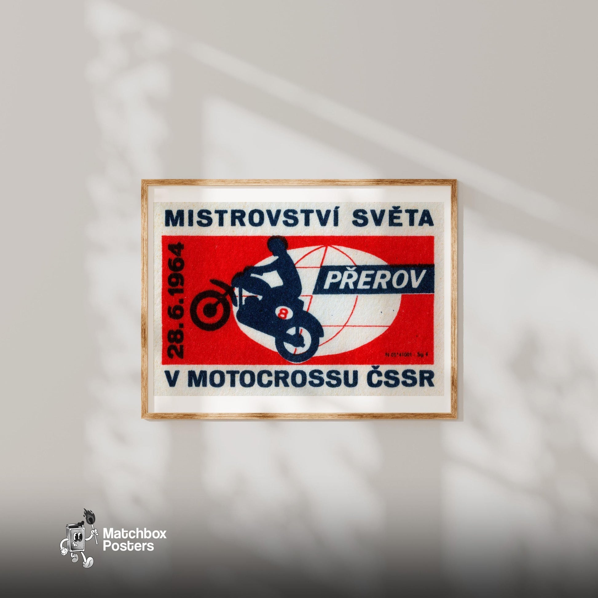 Motorcycle Wheelie - vintage matchbox label print - bedroom mockup