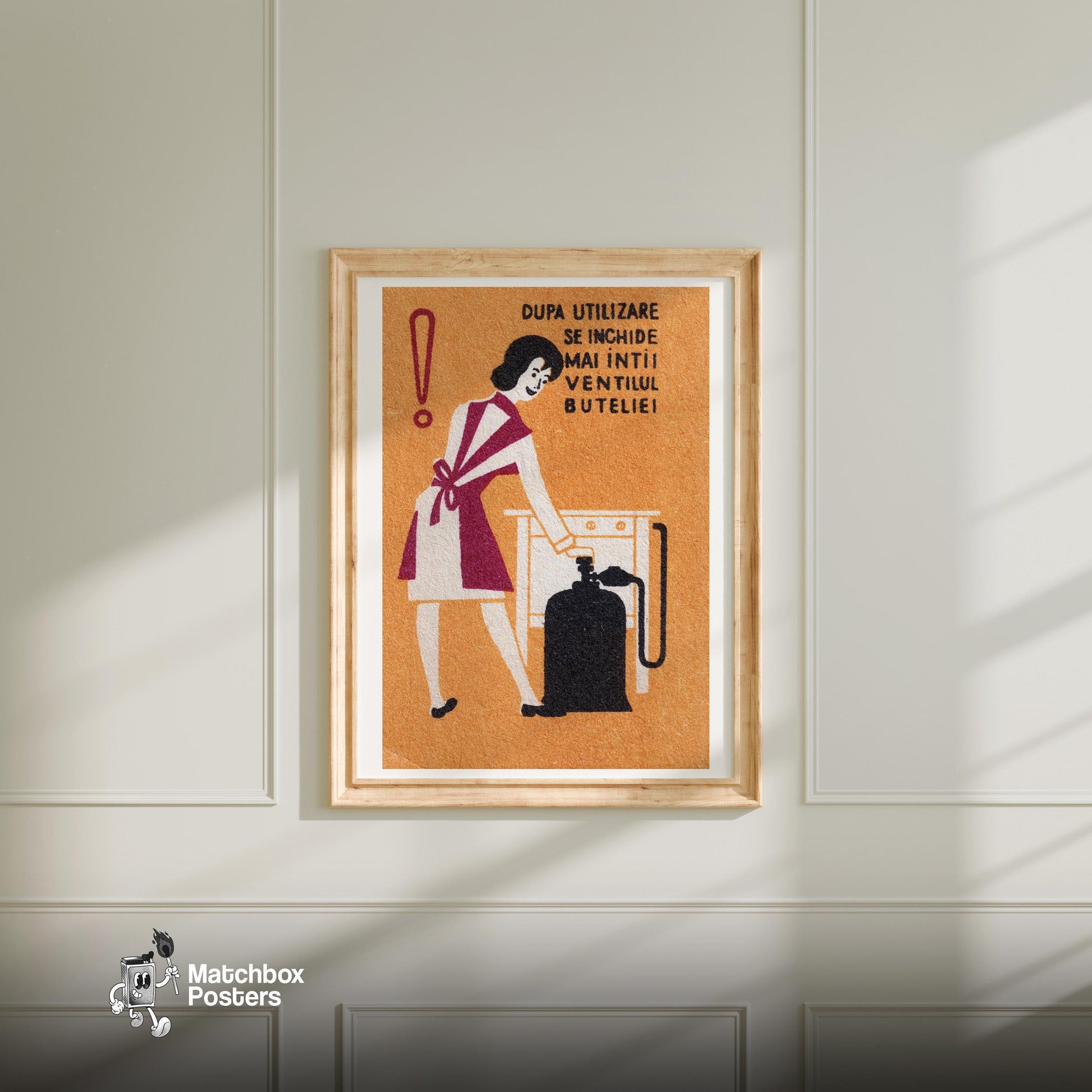 Woman Turning Off Gas - vintage matchbox label print - bedroom mockup