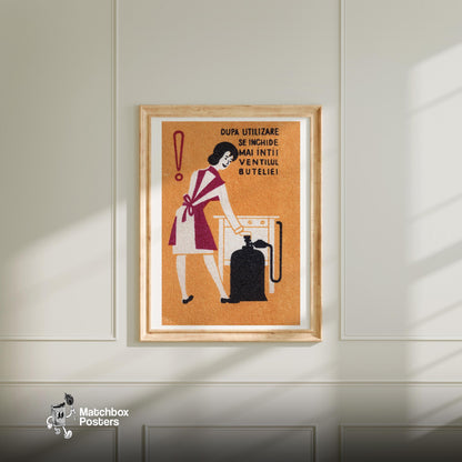 Woman Turning Off Gas - vintage matchbox label print - bedroom mockup