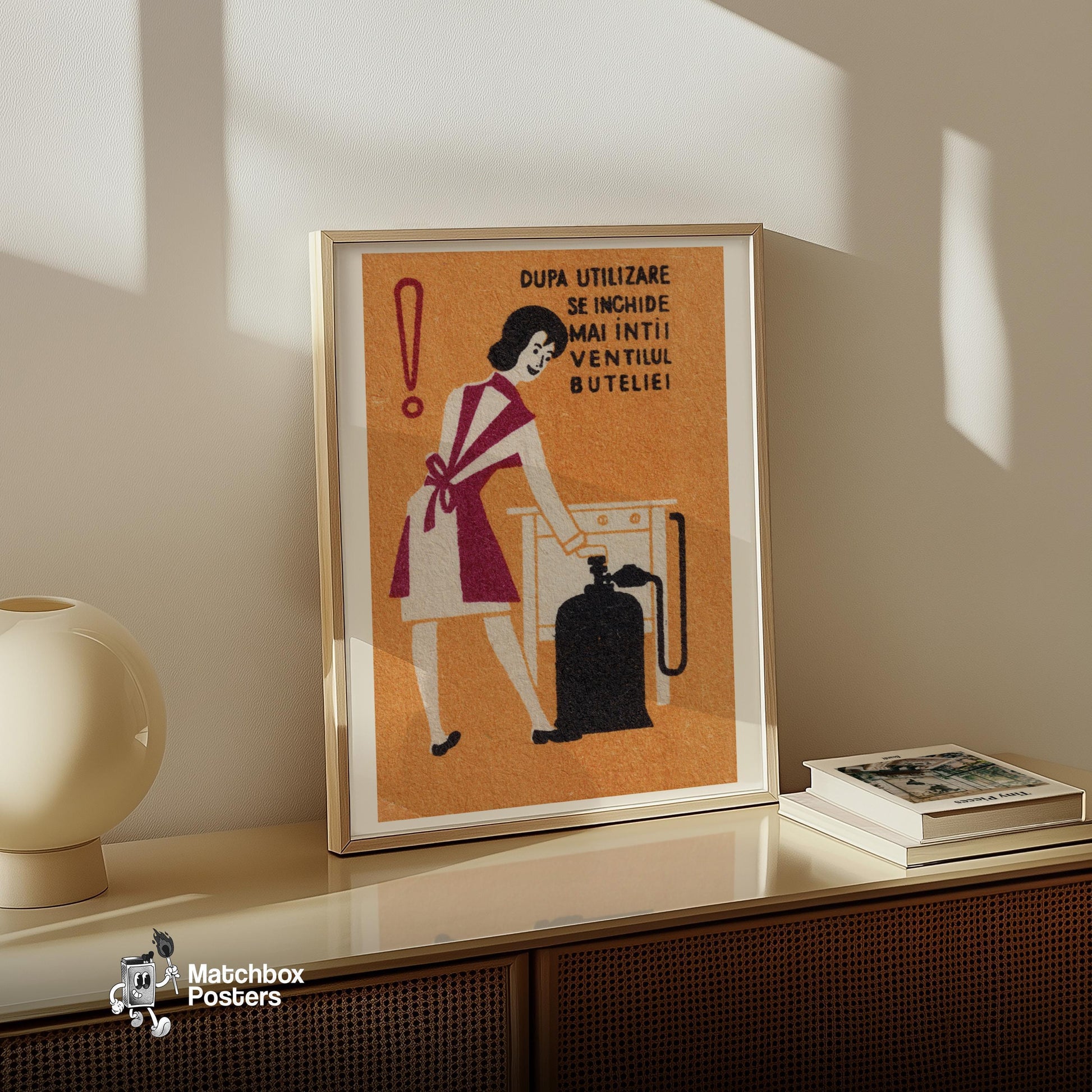 Woman Turning Off Gas - vintage matchbox label print - size comparison