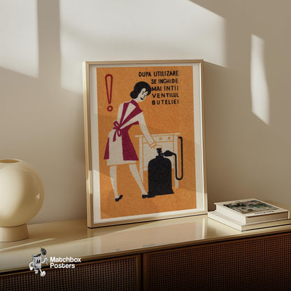 Woman Turning Off Gas - vintage matchbox label print - size comparison