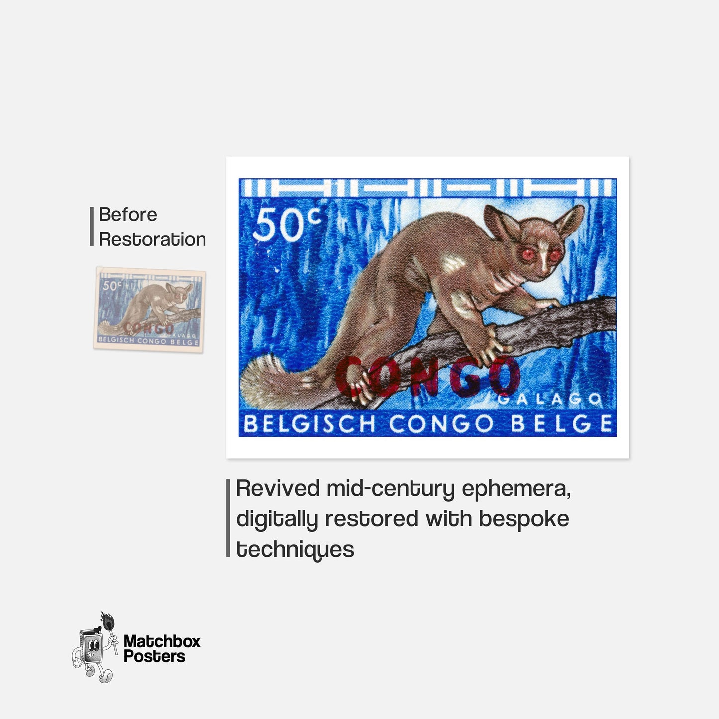 Lemur - Vintage Congo Art: Vintage Belgisch Congo Stamp - vintage matchbox label print - framed wall art preview