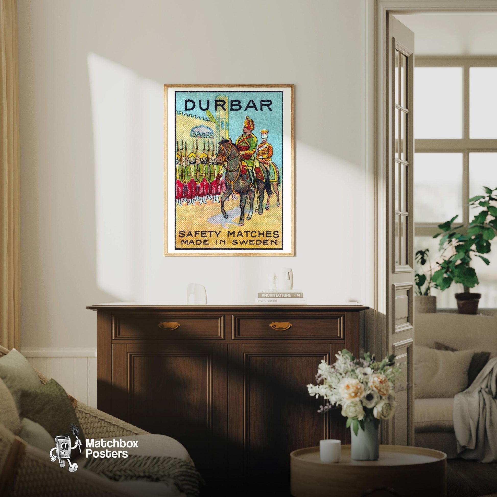 Royal Horse Rider - vintage matchbox label print - living room mockup