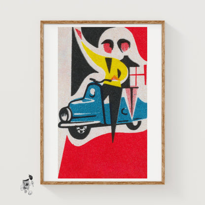 Couple on Vespa - vintage matchbox label print
