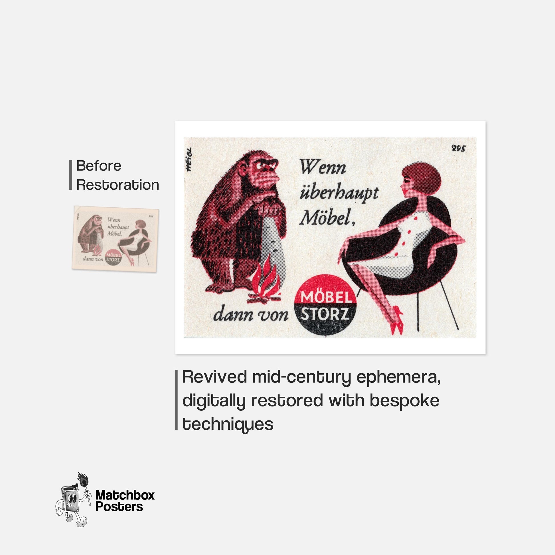 Caveman and Woman - vintage matchbox label print - framed wall art preview
