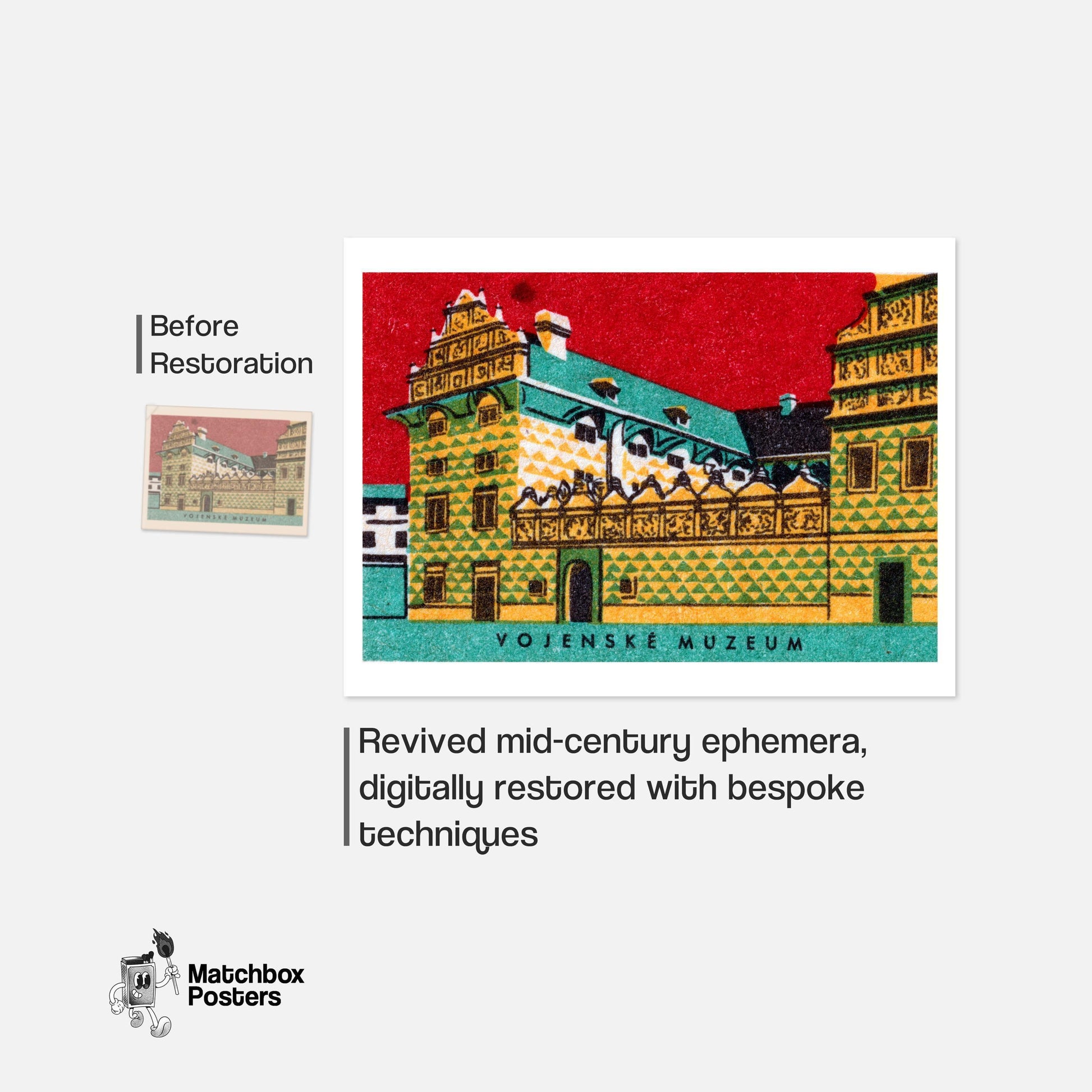Vojenské Muzeum Building - vintage matchbox label print - framed wall art preview