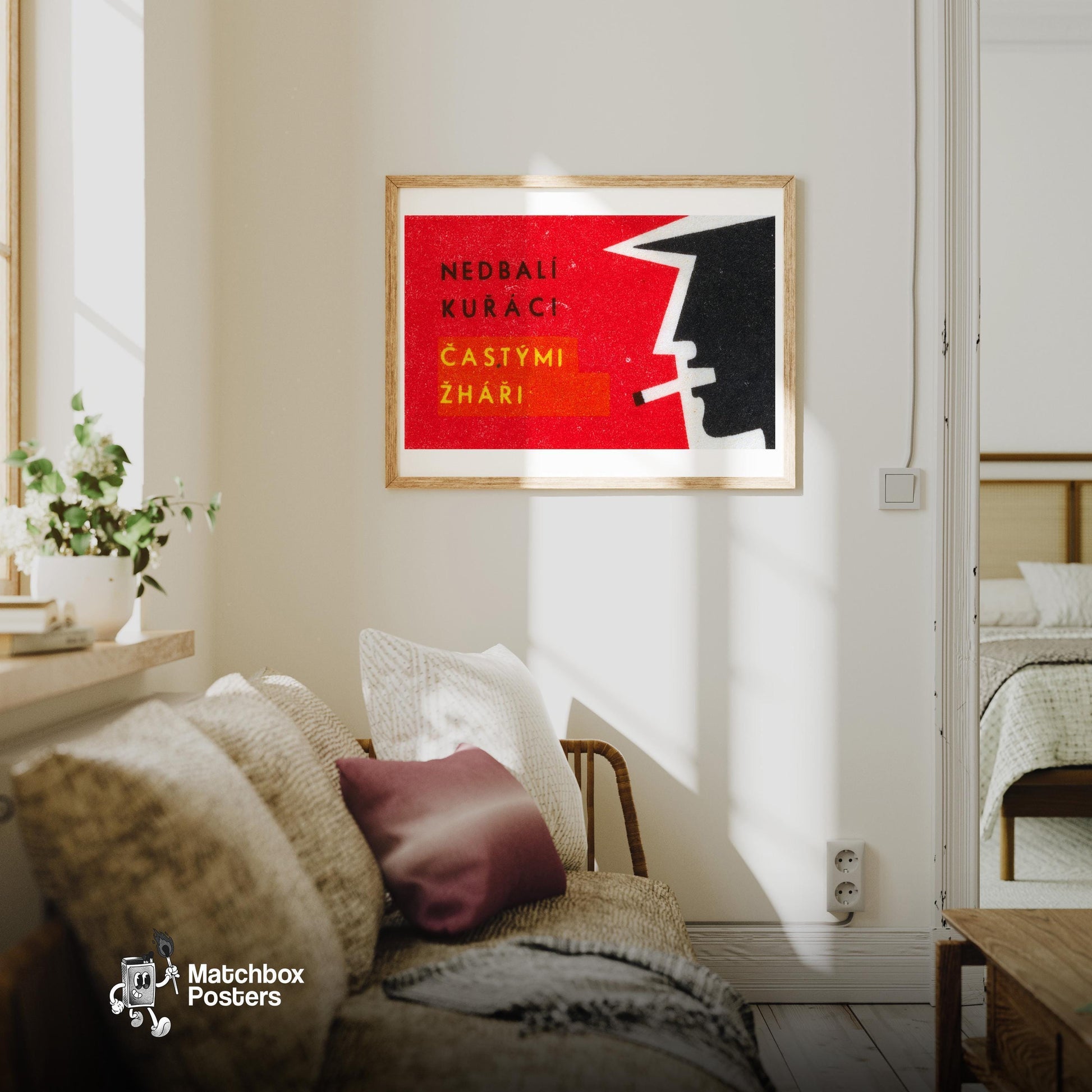 Man Smoking - vintage matchbox label print - living room mockup