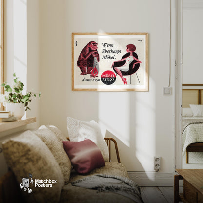Caveman and Woman - vintage matchbox label print - living room mockup