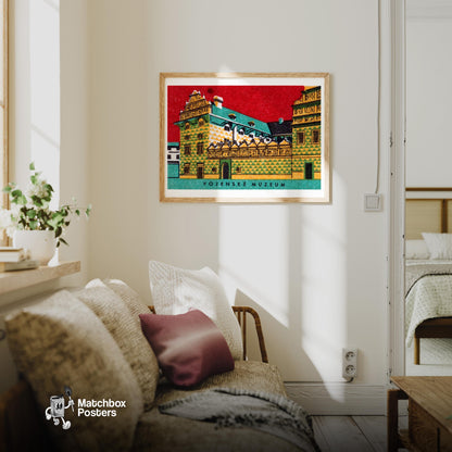 Vojenské Muzeum Building - vintage matchbox label print - living room mockup