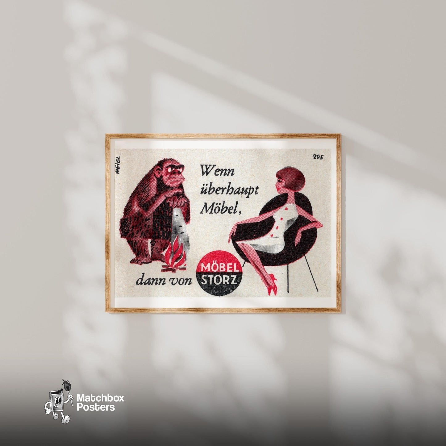 Caveman and Woman - vintage matchbox label print - bedroom mockup