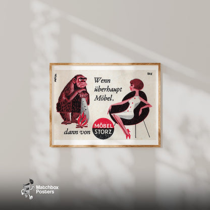 Caveman and Woman - vintage matchbox label print - bedroom mockup