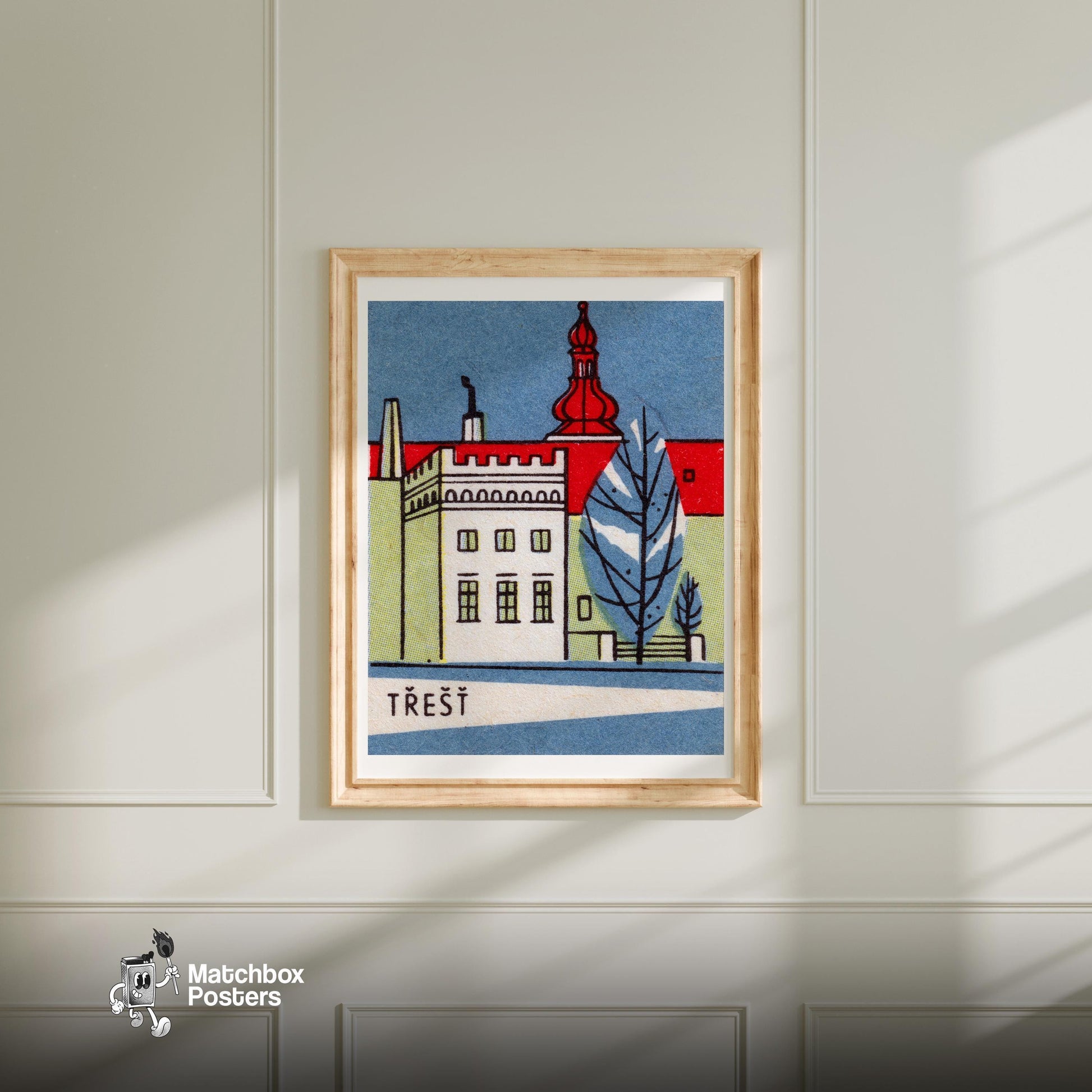 Trest City Building - vintage matchbox label print - bedroom mockup