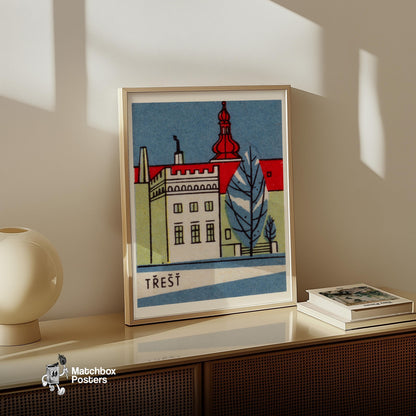 Trest City Building - vintage matchbox label print - size comparison