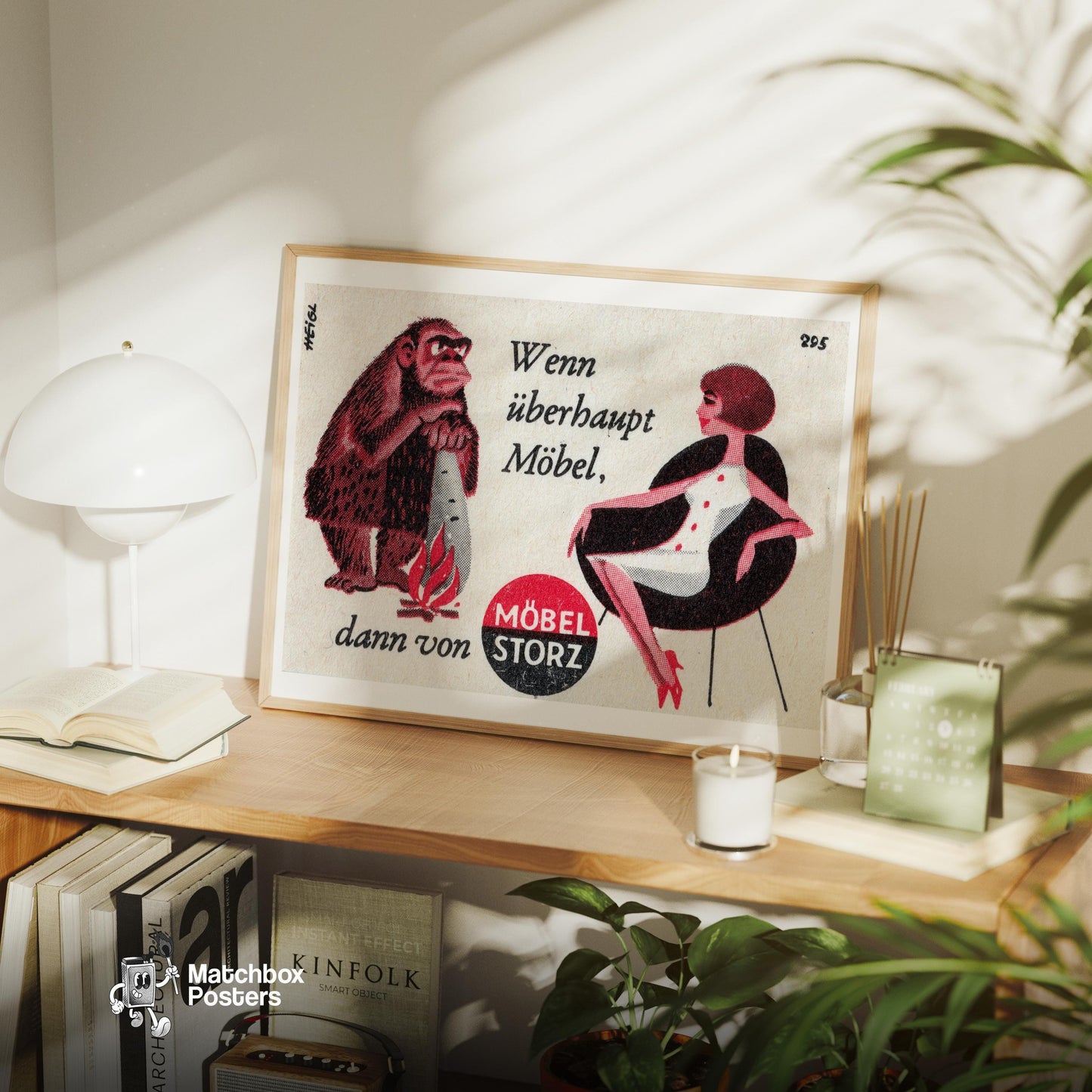 Caveman and Woman - vintage matchbox label print - office wall