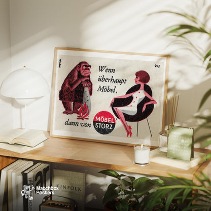 Caveman and Woman - vintage matchbox label print - office wall