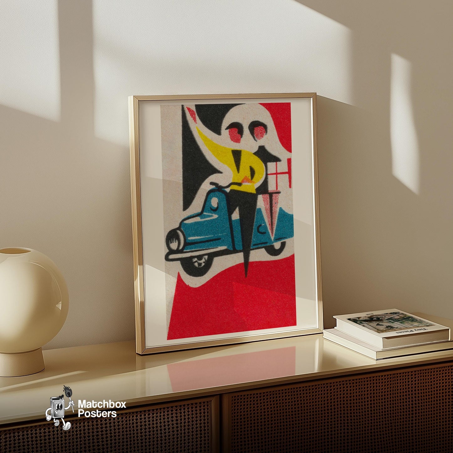 Couple on Vespa - vintage matchbox label print - size comparison