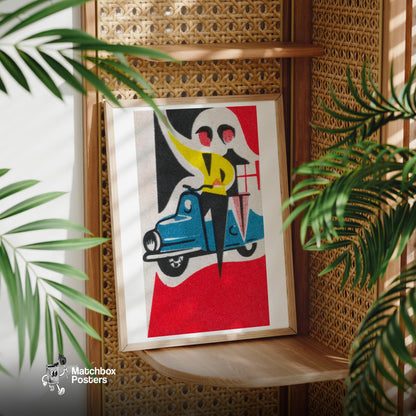 Couple on Vespa - vintage matchbox label print - office wall