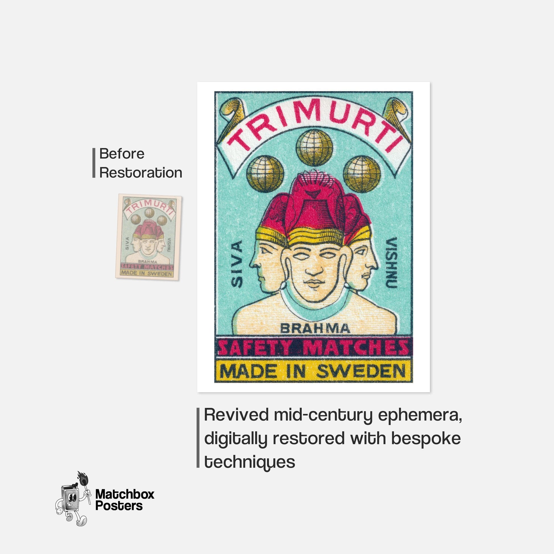 Trimurti - vintage matchbox label print - framed wall art preview