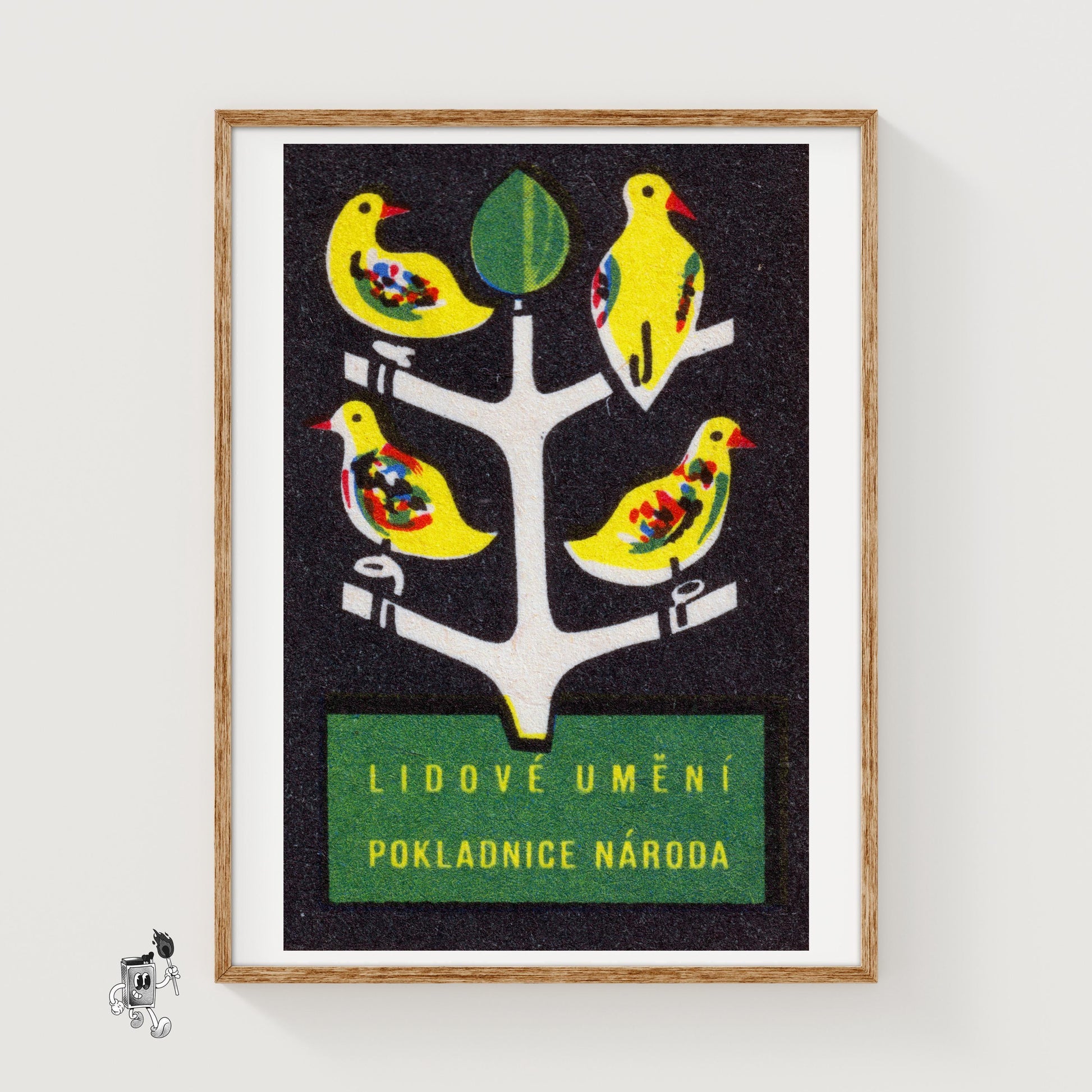 Yellow Birds on Tree - vintage matchbox label print