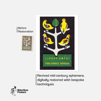 Yellow Birds on Tree - vintage matchbox label print - framed wall art preview