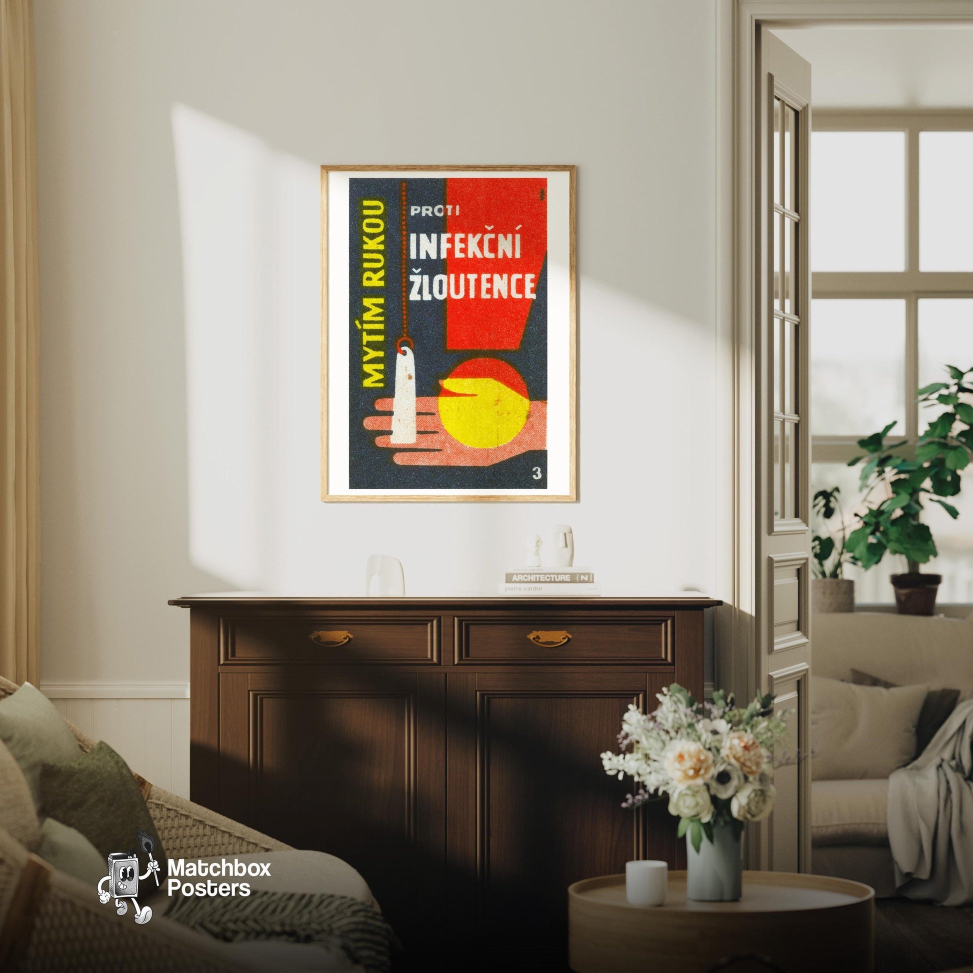Wash Your Hands - vintage matchbox label print - living room mockup