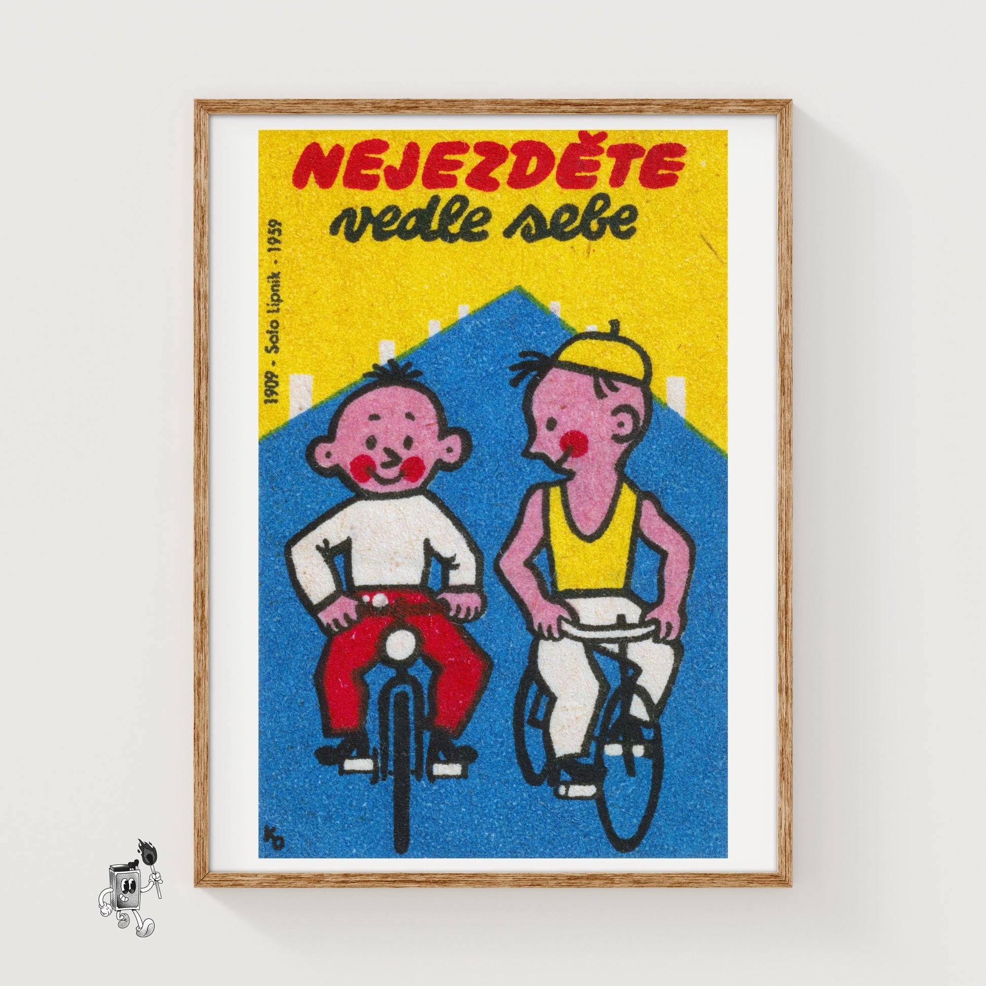 Two Boys Cycling - vintage matchbox label print
