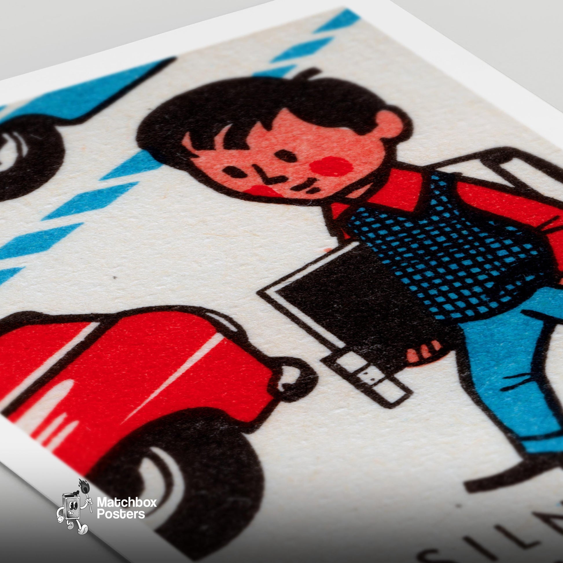 Boy Crossing Street - vintage matchbox label print - close-up detail