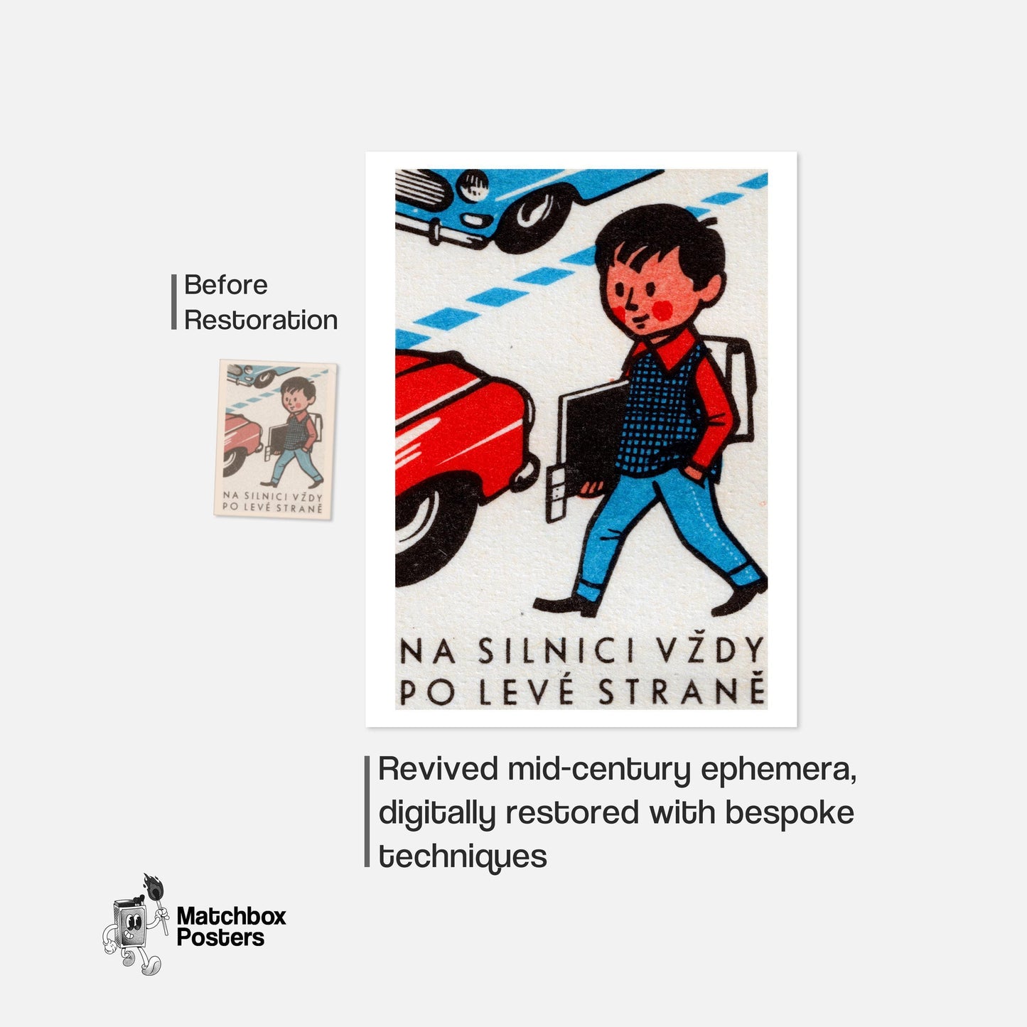 Boy Crossing Street - vintage matchbox label print - framed wall art preview