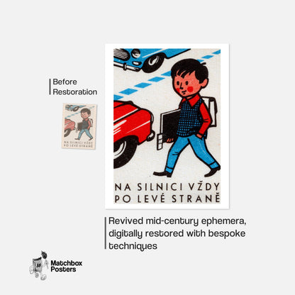 Boy Crossing Street - vintage matchbox label print - framed wall art preview